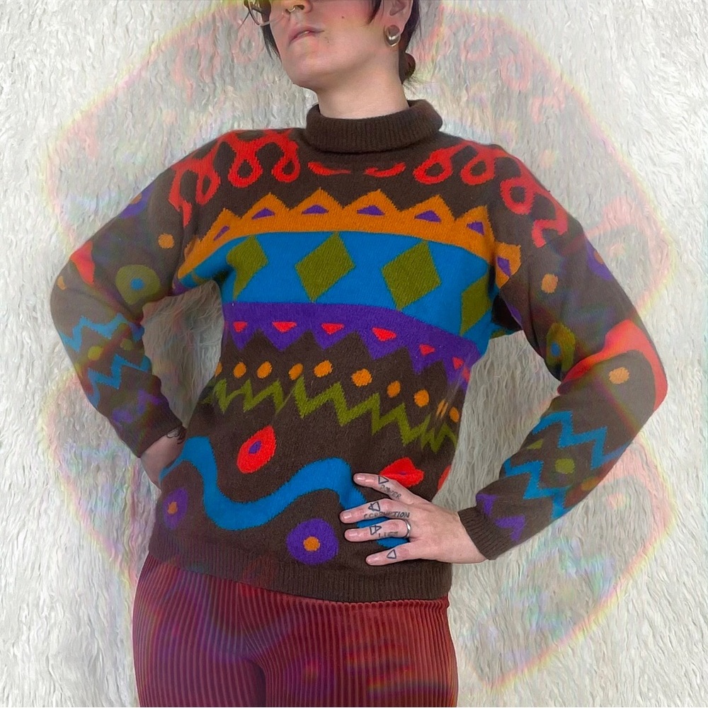 Vintage 90s Brown & Multi-Colored Funky Shapes Wool Turtleneck Sweater